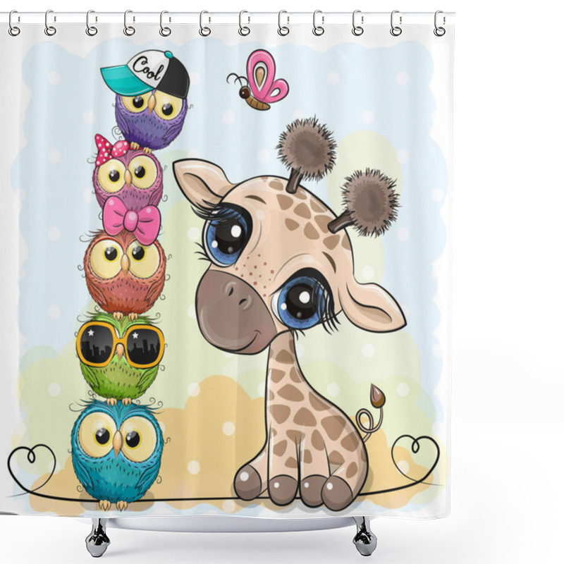 Personality  Cute Cartoon Giraffe And Owls On A Blue Background Shower Curtains