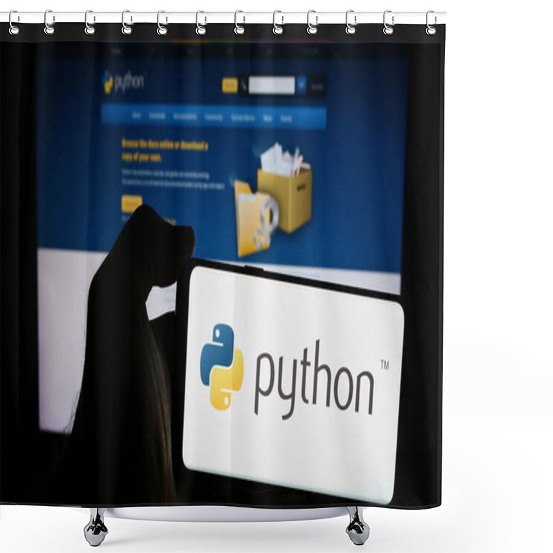 Personality  Stuttgart, Germany - 07-17-2024: Person Holding Mobile Phone With Logo Of Organisation Python Software Foundation (PSF) In Front Of Web Page. Focus On Phone Display. Shower Curtains