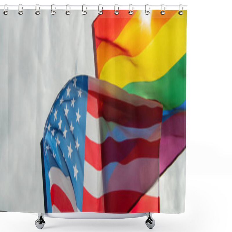 Personality  Low Angle View Of American And Lgbt Flags Against Sky, Banner Shower Curtains