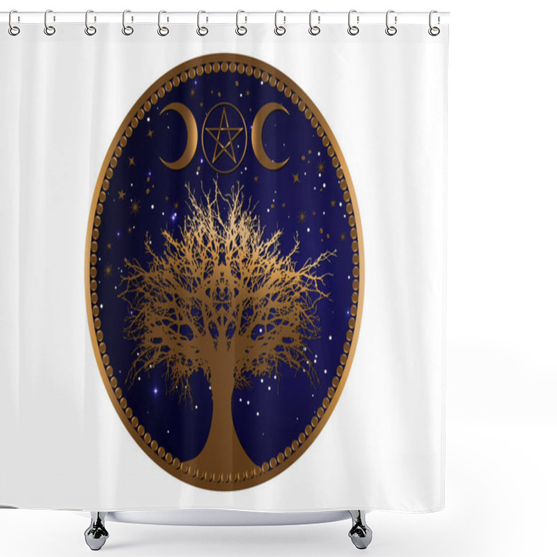 Personality  Tree Of Life Wicca Sign Mandala, Gold Mystical Moon Pentacle, Sacred Geometry, Golden Crescent Moon, Half Moon Pagan Wiccan Triple Goddess Symbol, Vector Isolated On Blue Starry Night Sky Background Shower Curtains