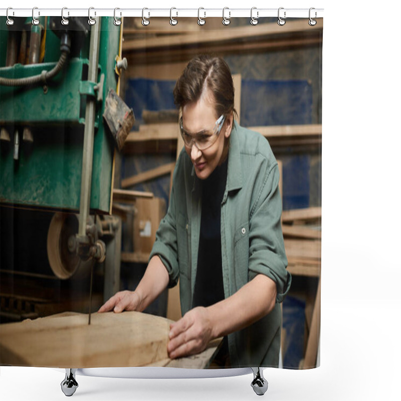 Personality  A Skilled Carpenter Attentively Shapes Wood With Precision Tools In A Lively Workshop Environment. Shower Curtains