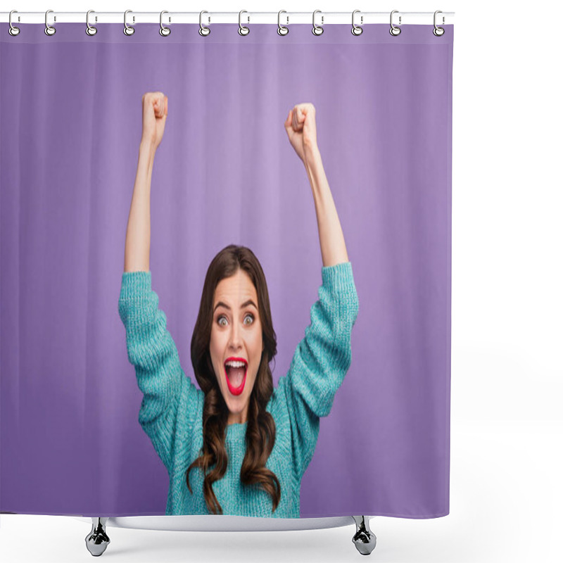 Personality  Photo Of Pretty Crazy Lady Good Mood Raise Fists Open Mouth Yelling Cheerleader Fan Support Favorite Sports Team Wear Blue Warm Sweater Isolated Purple Color Background Shower Curtains