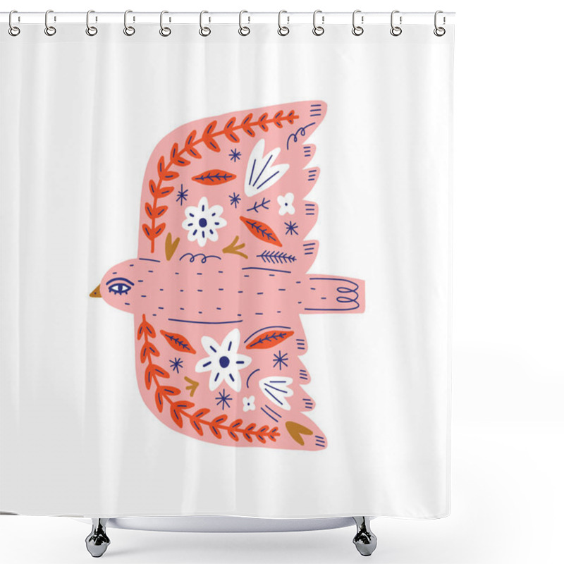 Personality  Modern Folk Tribal Boho Patterned Animal In Scandinavian Style. Floral Slovak Ornament, Inspired By Northern Mythology And Fairy Tales. Swedish Folklore Drawing, Nordic Flowers Pattern. Woodland Characters Concept. Ornate Bird. Vector EPS Shower Curtains