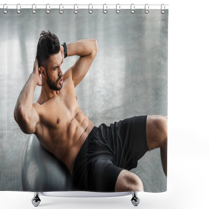 Personality  High Angle View Of Young Sportsman With Bare Chest Doing Abs Exercise On Fitness Ball At Gym  Shower Curtains