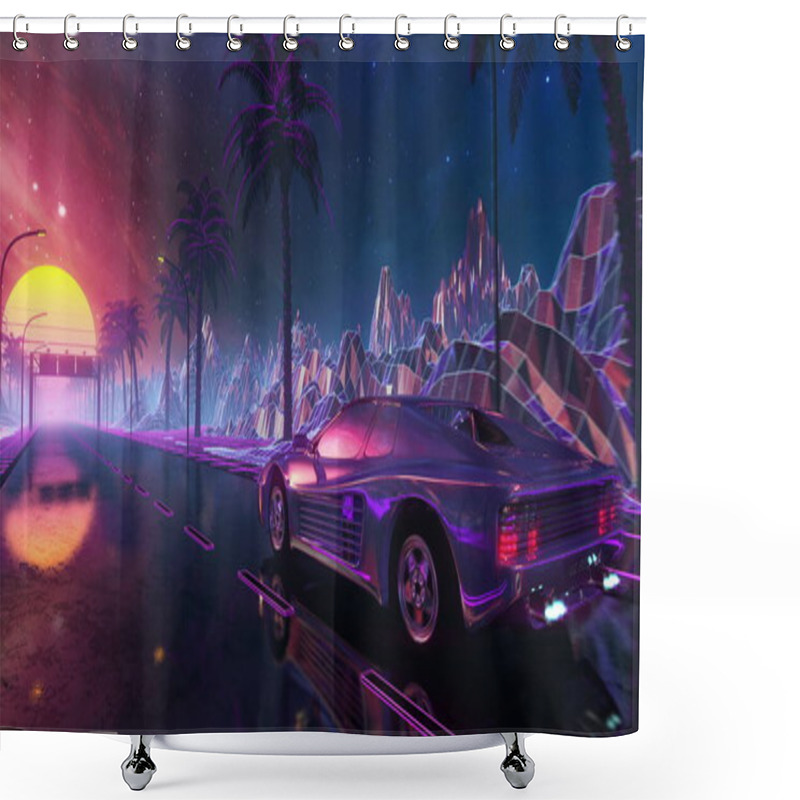 Personality  80s Retro Futuristic Drive. Stylized Sci-fi Race In Outrun Style With Night Sky Shower Curtains