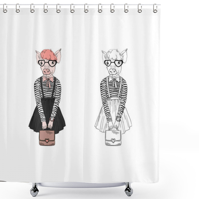 Personality  Piggy Young Woman Dressed Up In Hipster Style, Anthropomorphic Animal Illustration Shower Curtains