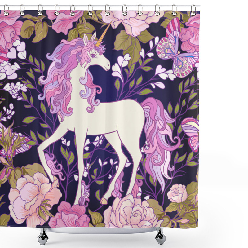 Personality  The Unicorn, Roses And Butterflies Seamless Pattern In Pink, Pur Shower Curtains