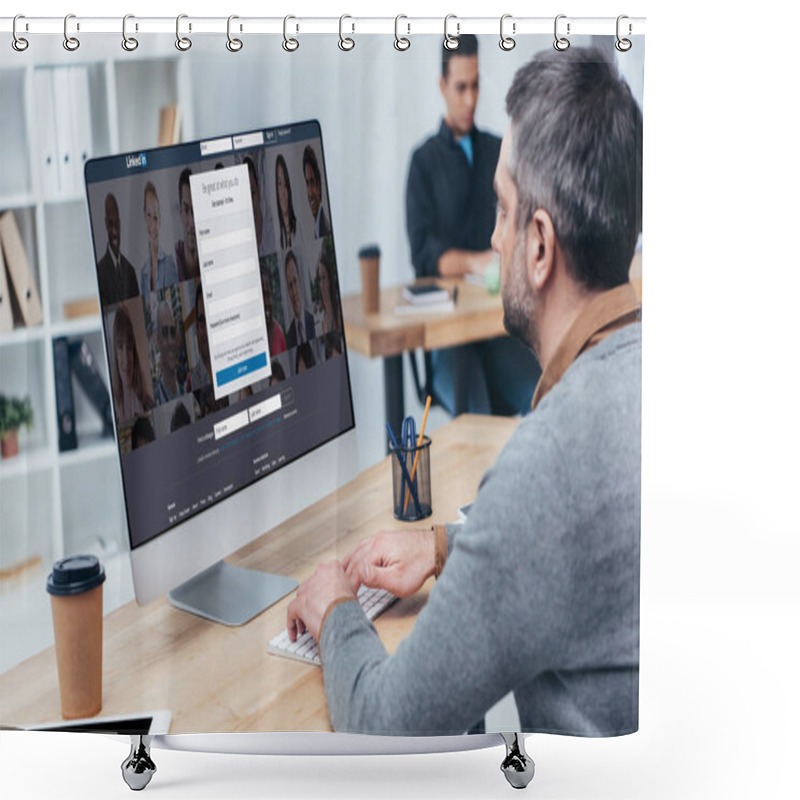 Personality  Businessman Using Desktop Computer With Linkedin Website On Screen In Office Shower Curtains