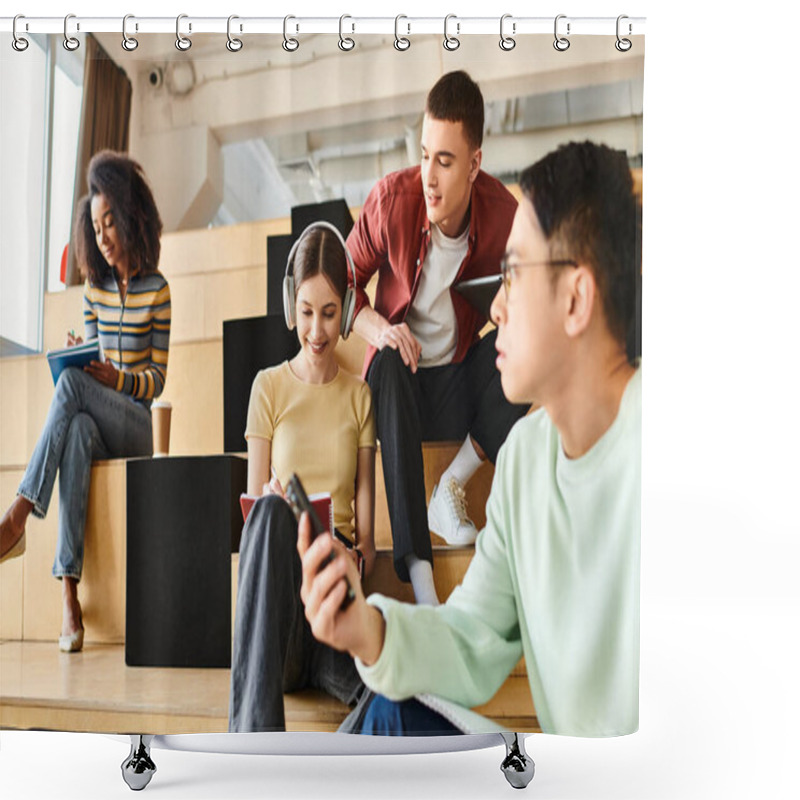 Personality  A Multicultural Group Of Students Sit Comfortably On A Modern Staircase, Engaging In Conversation And Relaxation Shower Curtains