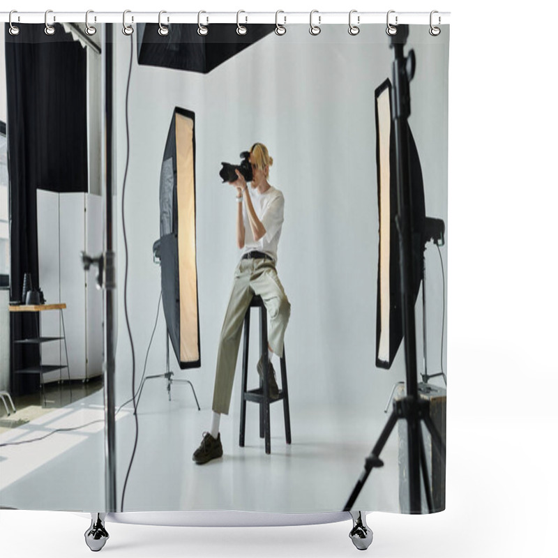 Personality  A Man Sitting On A Stool, Photographing. Shower Curtains