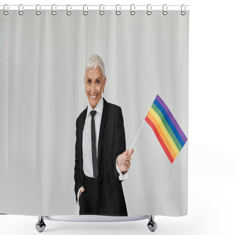 Personality  A Stylish Woman Joyfully Waves A Rainbow Flag, Expressing Her Pride. Shower Curtains