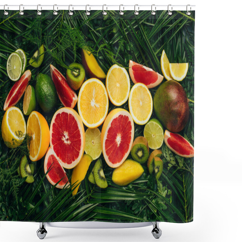 Personality  Top View Of Fresh Tropical Fruits On Palm Leaves Shower Curtains