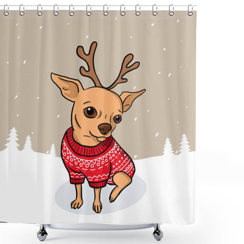 Personality  Christmas Chihuahua Dog Cartoon Illustration With Snow. Dog In Red Sweater And Deer Antlers On Snowy Background In Vector Shower Curtains