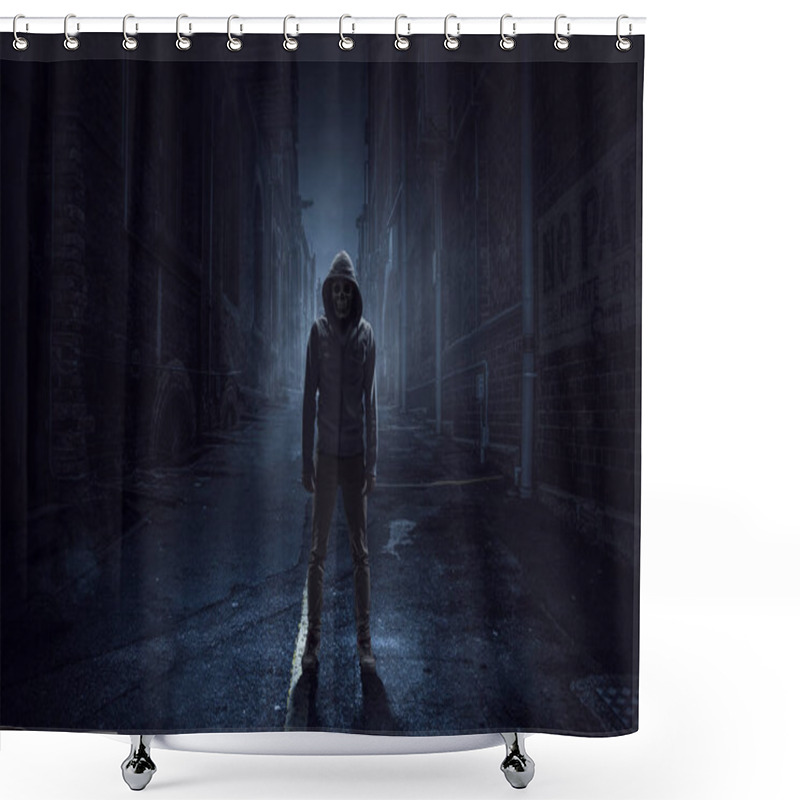 Personality  Scary And Creepy Male Monster Standing In The Darkness. Concept For Halloween. Mixed Media Shower Curtains