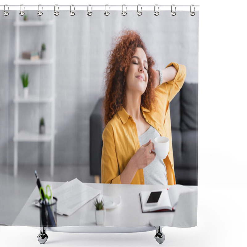 Personality  Pleased Freelancer Relaxing With Cup Of Coffee While Sitting With Closed Eyes Shower Curtains