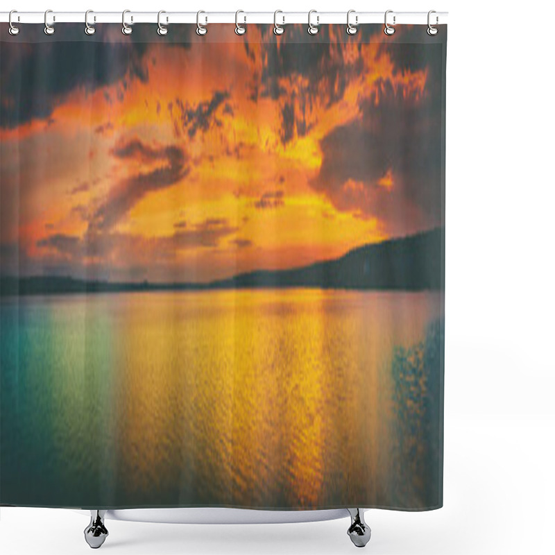 Personality  Sunset Over The Lake. Amazing Panorama Landscape Shower Curtains