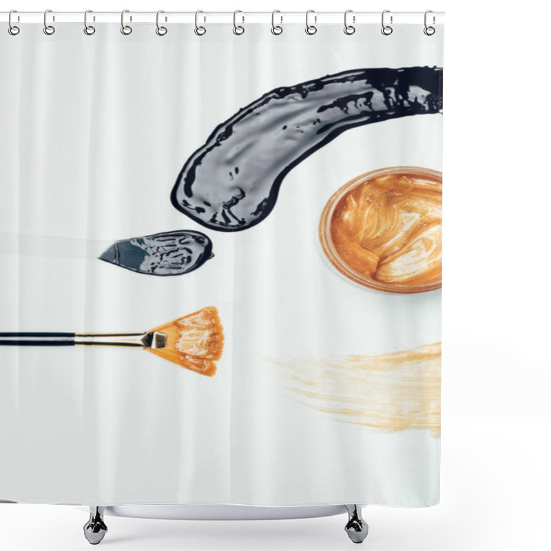 Personality  Flat Lay With Black And Golden Masks, Brush And Spoon Isolated On White Surface  Shower Curtains