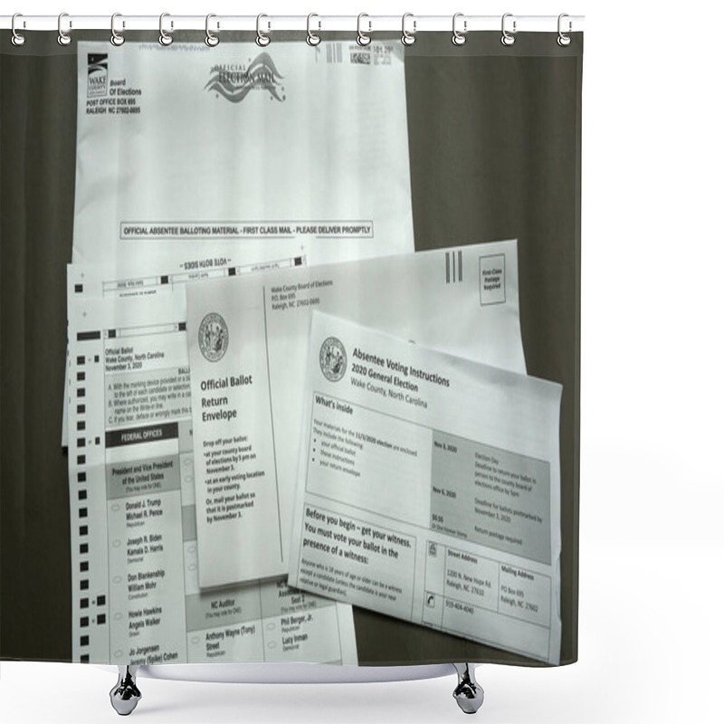 Personality  Raleigh, North Carolina / USA - September 12, 2020: Absentee Ballot With Voting Instructions For Wake County North Carolina  Shower Curtains