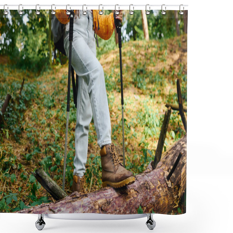 Personality  A Young African American Woman Explores A Forest Trail, Embracing The Beauty Of Autumn Foliage On Her Hike. Shower Curtains