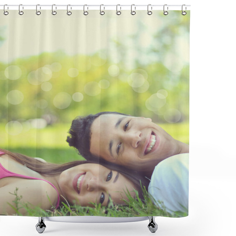 Personality  Retro Image Of Happy Young Couple Enjoying Nature Shower Curtains