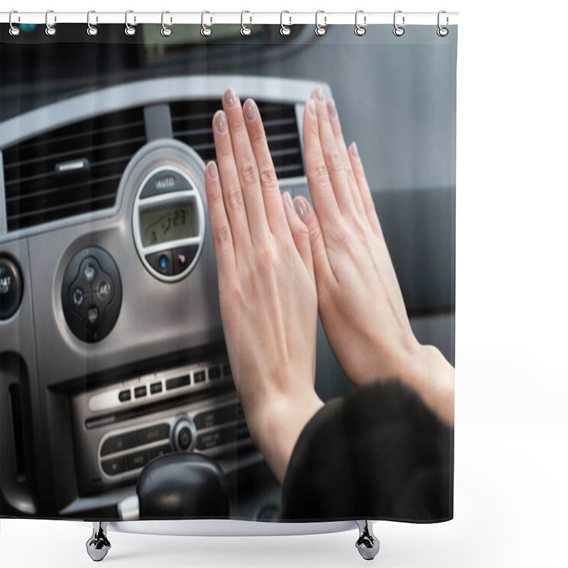 Personality  The Girl Holds Her Hands Over The Cars Hot Air Outlet. Cold Hands. Shower Curtains