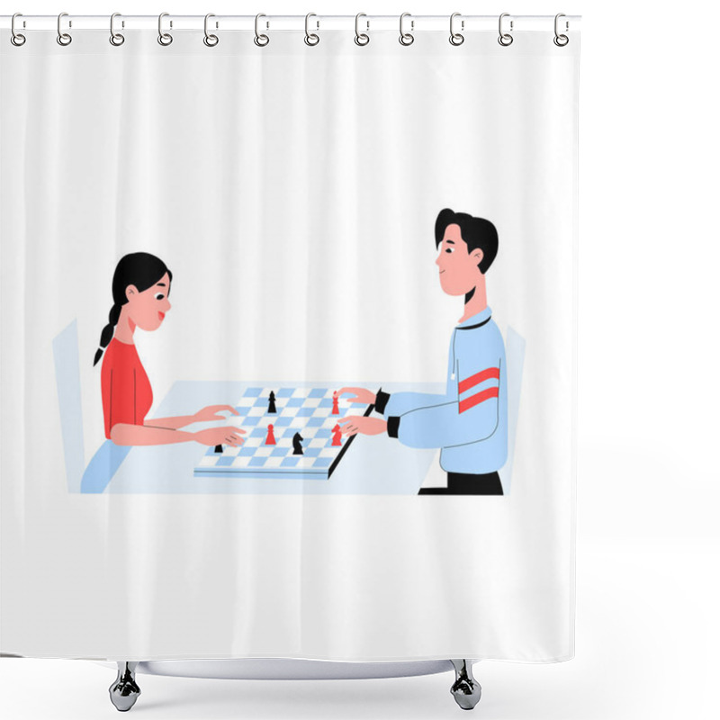 Personality  Female And Male Characters Engaged In A Chess Game, Representing Strategy, Critical Thinking, And Competition. Chessboard With Pieces Displayed, Isolated On White. Shower Curtains