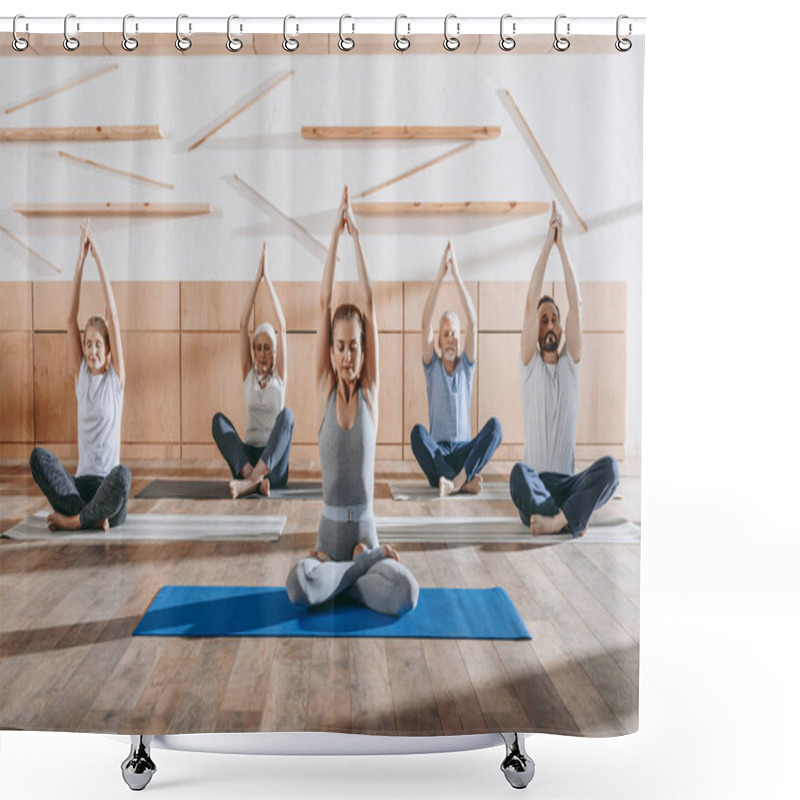 Personality  Group Of Senior People Practicing Yoga With Instructor In Lotus Pose On Mats In Studio Shower Curtains