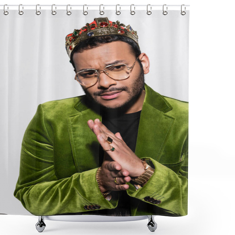 Personality  Eastern Hip Hop Performer In Green Velvet Blazer And Crown On Head Looking At Camera Isolated On Grey Shower Curtains