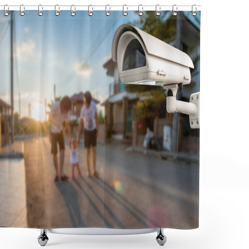 Personality  CCTV Camera Operating With Family In Background Of Village Shower Curtains