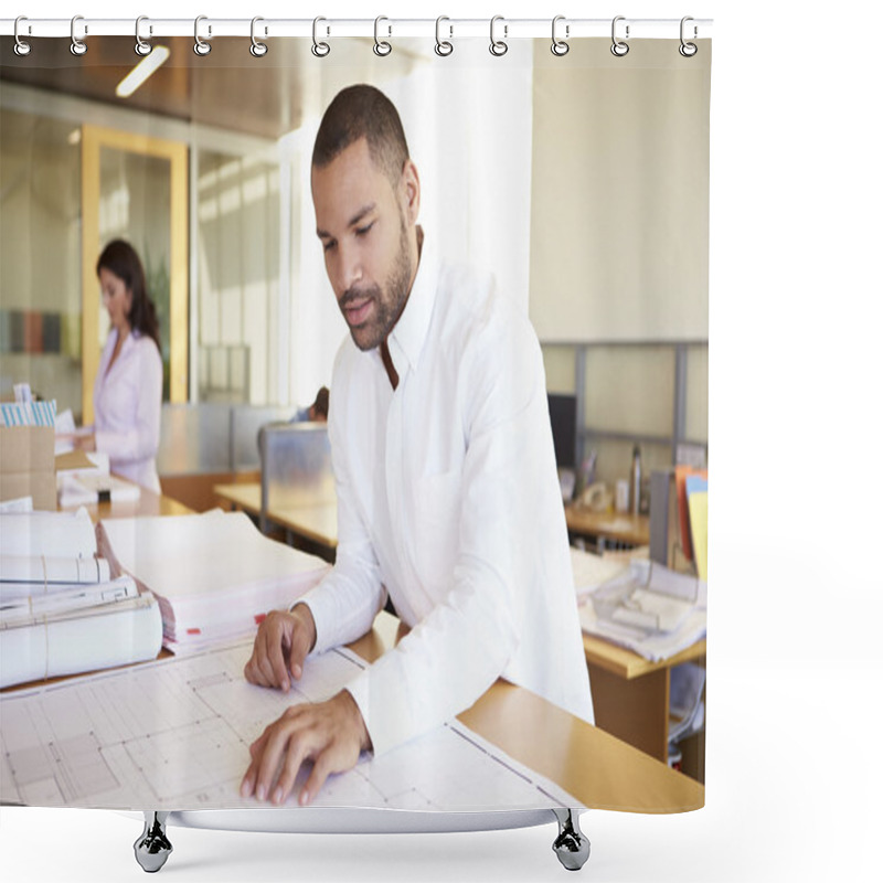 Personality  Male Architect Studying Plans In Office Shower Curtains