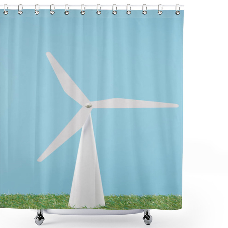 Personality  White Windmill Model On Green Grass And Blue Background Shower Curtains