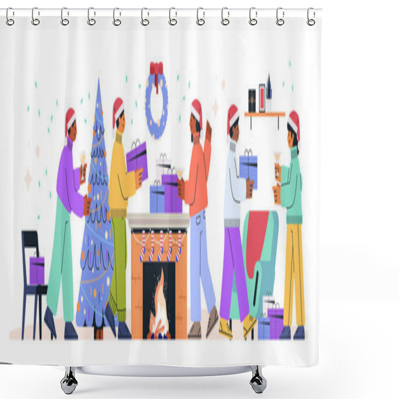 Personality  Christmas Celebration With Friends Exchanging Gifts Festive Scene With Decorated Tree Fireplace And Stockings Cozy Atmosphere Holiday Party Theme Vector Illustration Shower Curtains