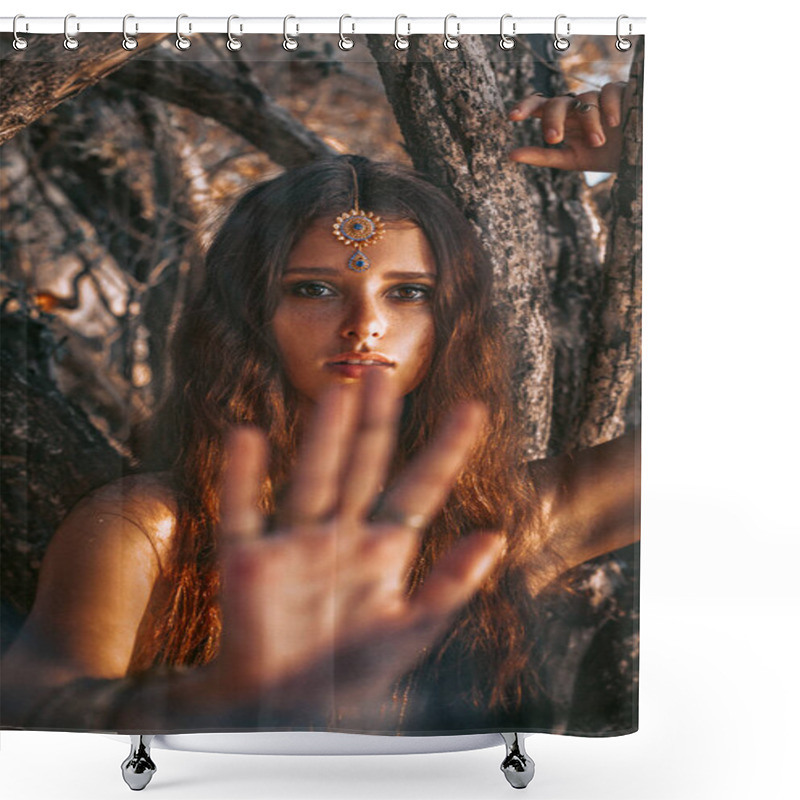 Personality  Beautiful Young Stylish Woman Outdoor Portrait At Sunset Shower Curtains