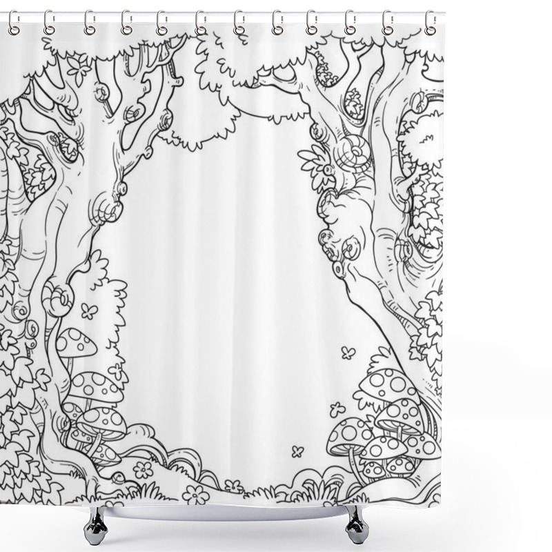 Personality  Forest Glade With Amanita And Daisies Framed By Trees Linear Art Isolated On Whit Shower Curtains