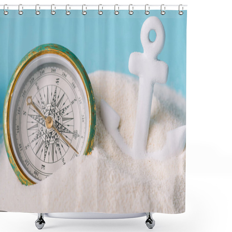 Personality  Plastic Anchor And Compass In White Sand Isolated On Blue Shower Curtains