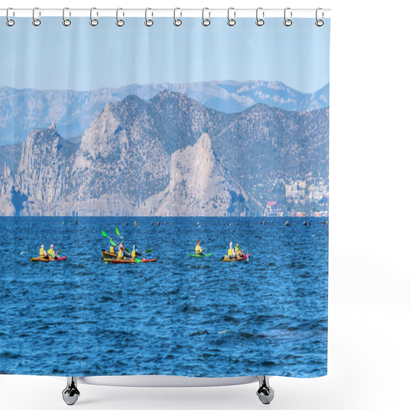 Personality  Sudak, Crimea - September 9, 2020: Tourists Sail In Kayaks On The Black Sea Against The Backdrop Of Mountains And The Village Of Novy Svet. Soft Focus Shower Curtains