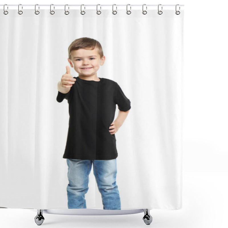 Personality  Little Boy In T-shirt On White Background. Mockup For Design Shower Curtains