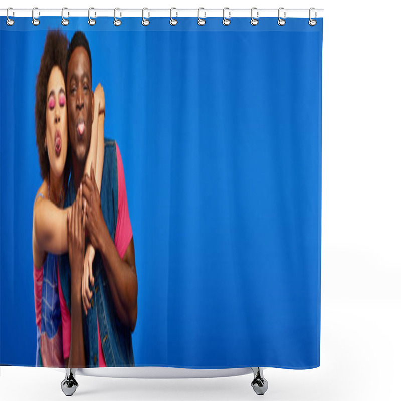 Personality  Young African American Best Friends In Bright And Trendy Summer Outfits Hugging And Sticking Out Tongues While Standing Together Isolated On Blue, Banner, Best Friends In Matching Outfits Shower Curtains