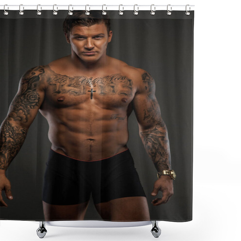 Personality  Shirtless Muscular Tattooed Man. Shower Curtains