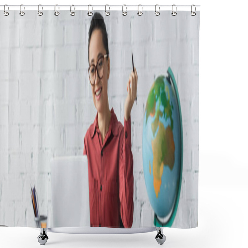 Personality  Happy Teacher In Eyeglasses Using Laptop And Holding Pen While Working From Home, Banner Shower Curtains