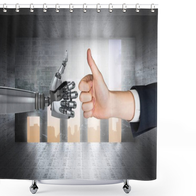 Personality  Human Hand Touching Robot Hand Against Graphics Background  Shower Curtains