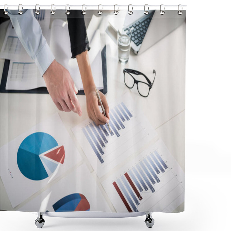 Personality  Business Experts Analyzing Statistical Bar And Pie Charts Shower Curtains