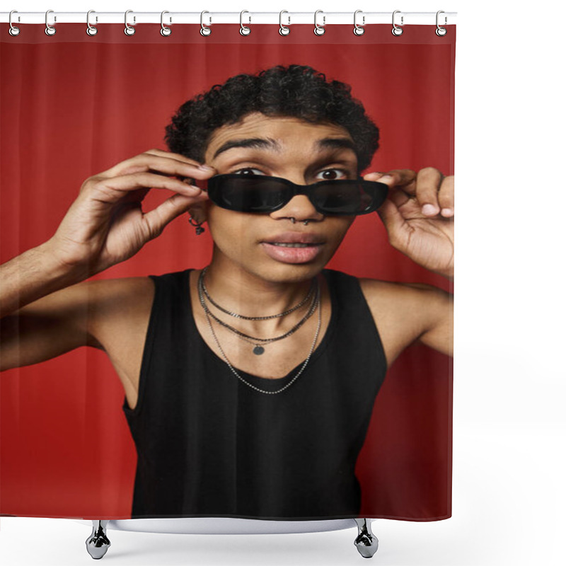 Personality  Handsome African American Man Wearing Trendy Black Sunglasses. Shower Curtains