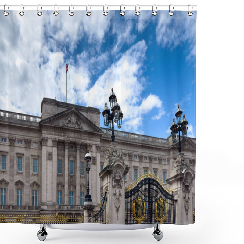 Personality  London, United Kingdom, June 29, 2023: Buckingham Palace. Front Facade And Golden Gate Under A Beautiful Blue Summer Sky. Shower Curtains