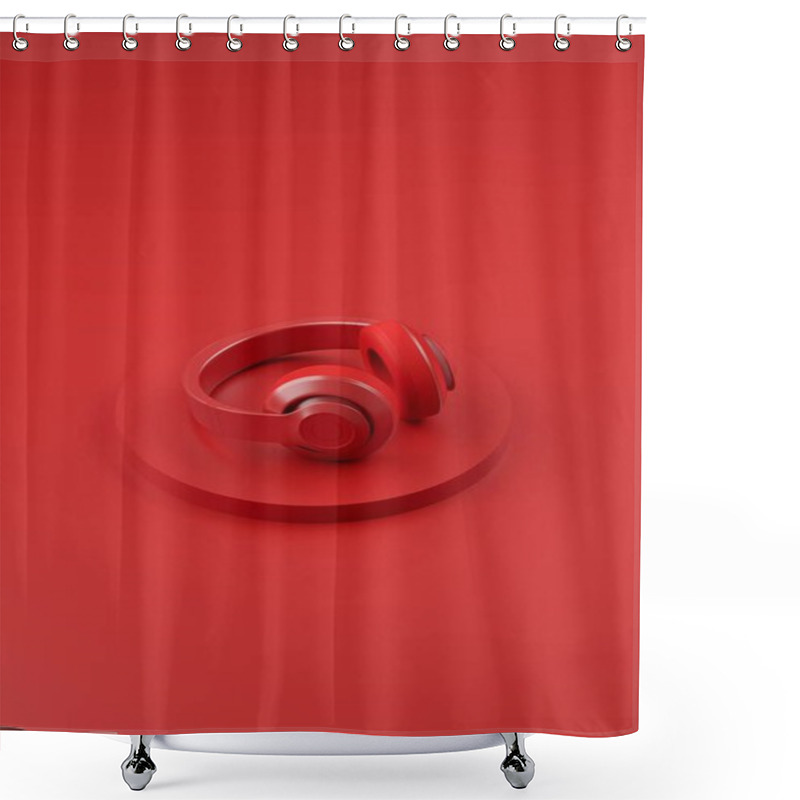 Personality  Vertical Image Of Bright Headphones On A Red Background. Monochrome Modern Audio Background Design. 3d Illustration Shower Curtains