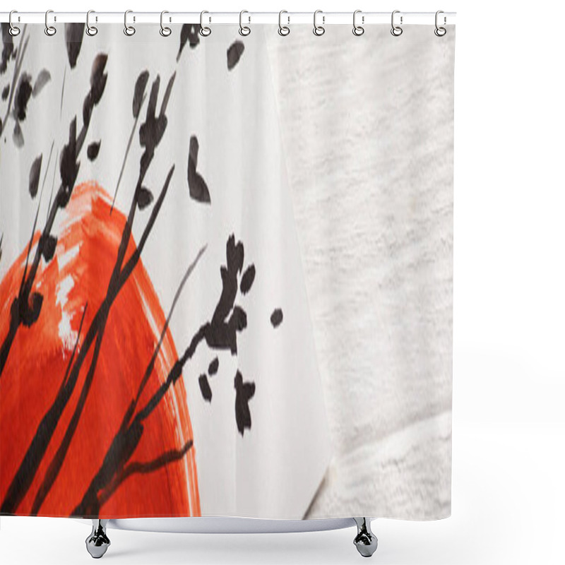 Personality  Top View Of Paper With Japanese Painting With Red Sun And Branches On Wooden Background, Panoramic Shot Shower Curtains