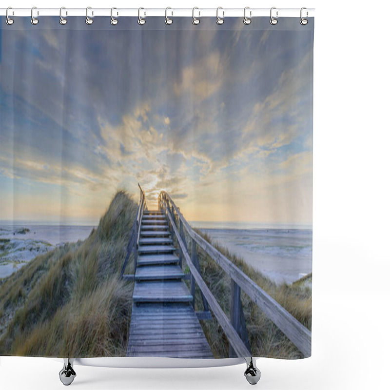 Personality  Boardwalk And Stairs Leading Through The Dunes To The Beach Of North Sea By Sunset In Norddorf, Amrum, Schleswig-Holstein. Bathing And Beach Vacation On The North Sea. Shower Curtains