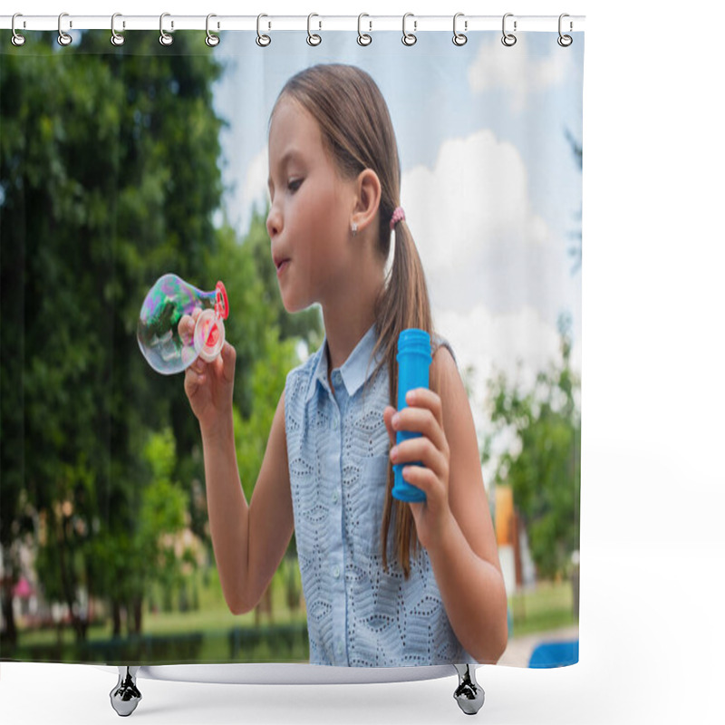 Personality  Girl In Sleeveless Blouse Blowing Soap Bubble In Park Shower Curtains