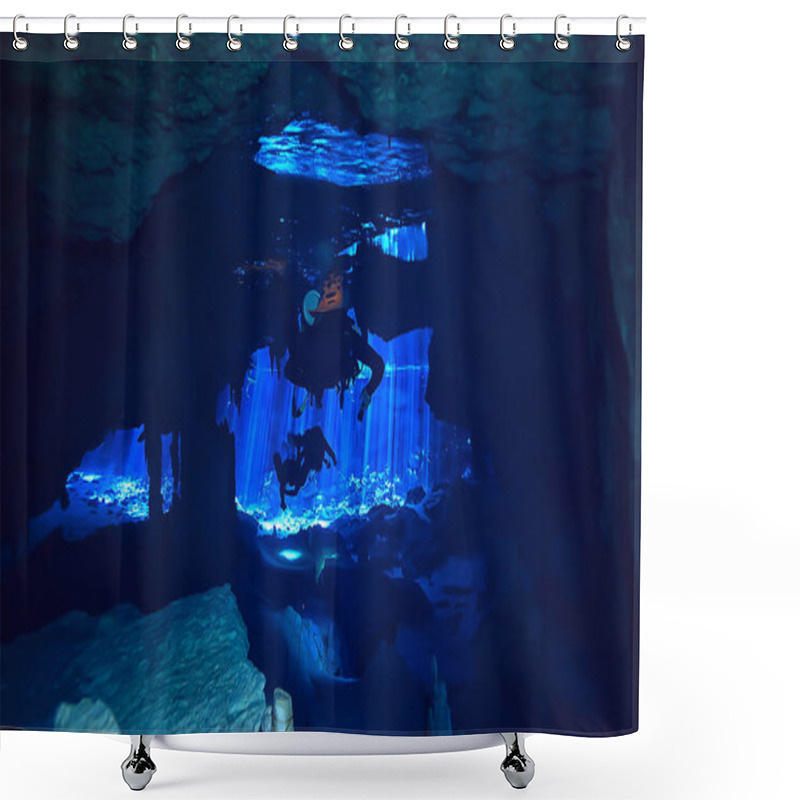 Personality  Cave Diving, Diver Underwater, Dark Cave, Cavern Landscape Shower Curtains