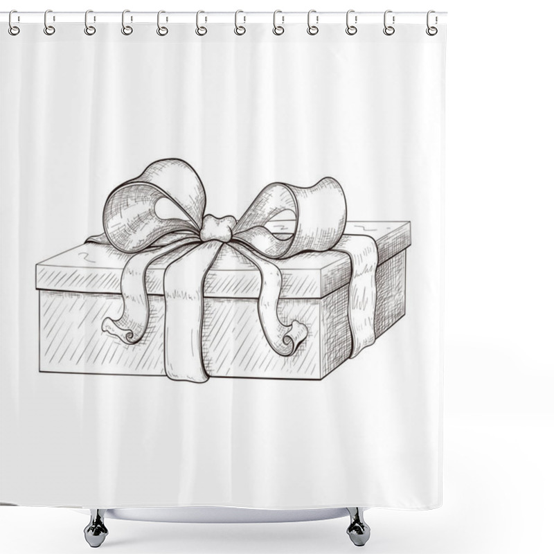 Personality  Vintage Gift Box Hand Drawn. Engraved Present Illustration Isolated On White Background. Present Box Icon With Lush Bow And Ribbon. Wrapped Gift Sketch. Vector Monochrome Line Art. Silhouette Of Box Shower Curtains